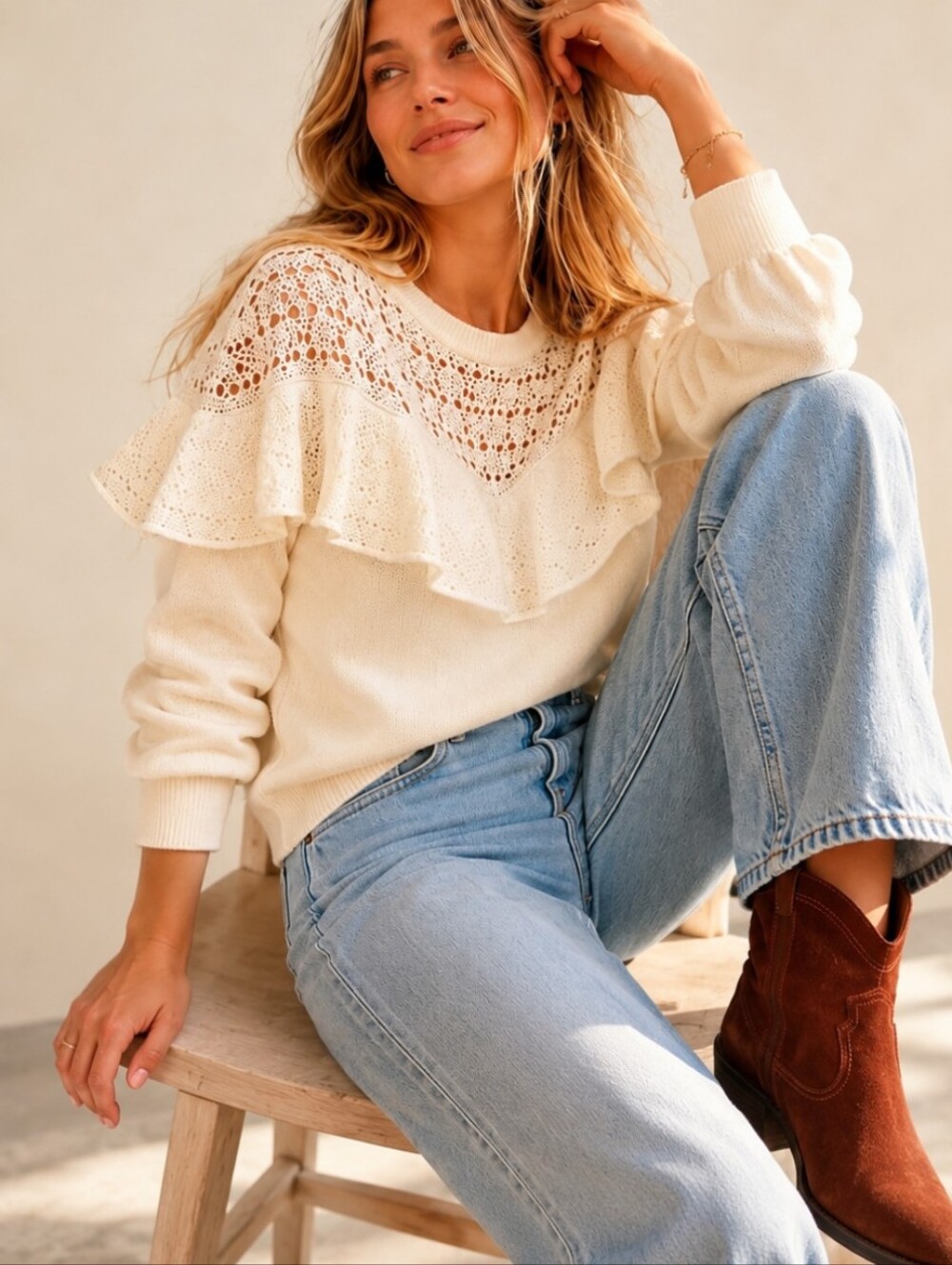 NWT! Anthropologie Ivory Ruffle Knit Sweater